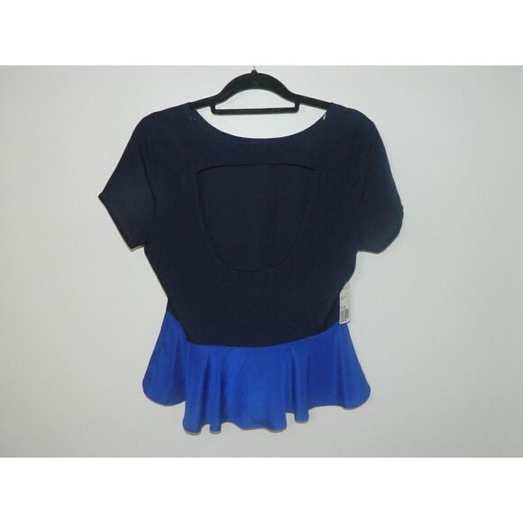 Rory Beca Forever 21 Blouse Size Large Blue Black Colorblock Peplum Open Back - Picture 4 of 7
